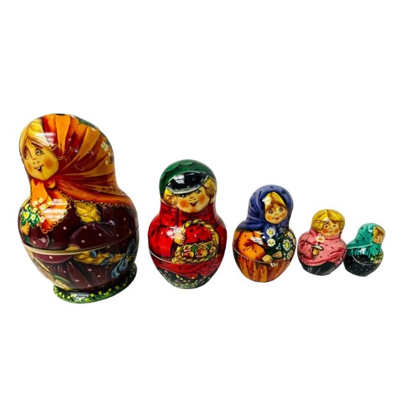 Vintage Hand-Painted Russian Nesting Dolls Set Of 5 Winter Party Blue Scarf - Picture 1 of 16